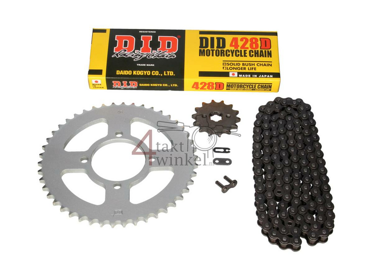 Kettenr&auml;der und Kettensatz, Hanway RAW50, Skyteam Classic, AGM Caferacer, 428, 14-46